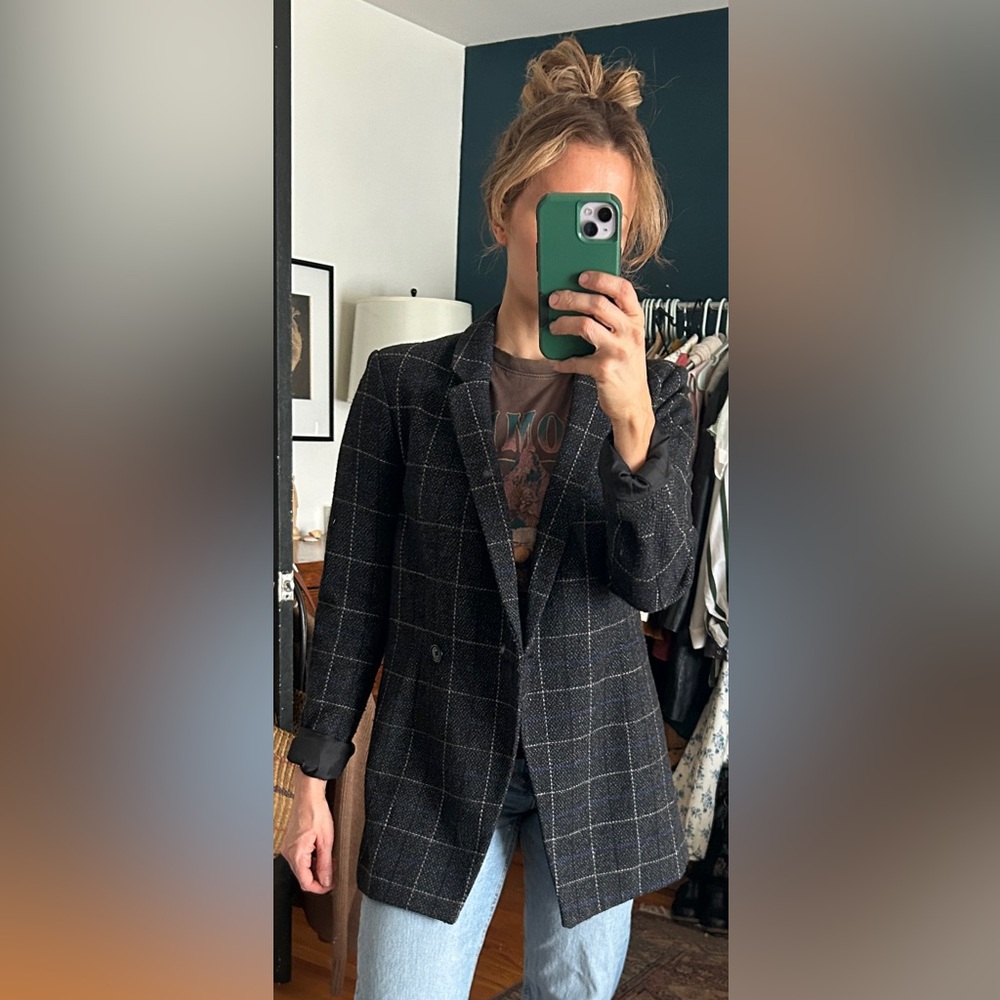 DKNY Plaid Gray and Blue One Button Women's Blazer Size Small | Rayon Blend